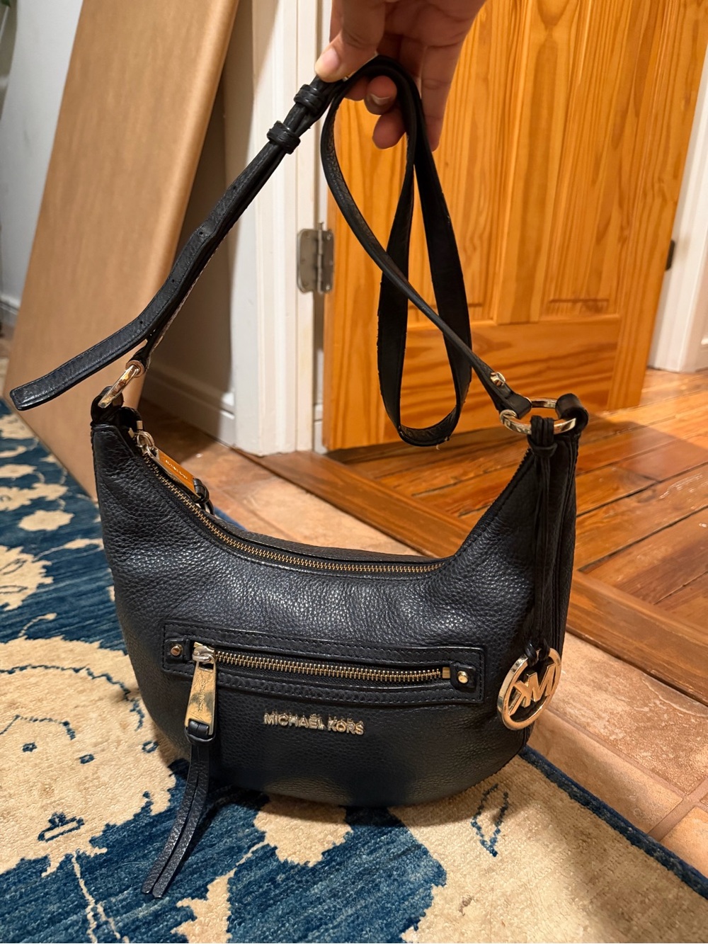 Michael Kors Black Pebbled Leather Hobo Shoulder Bag with Gold Hardware